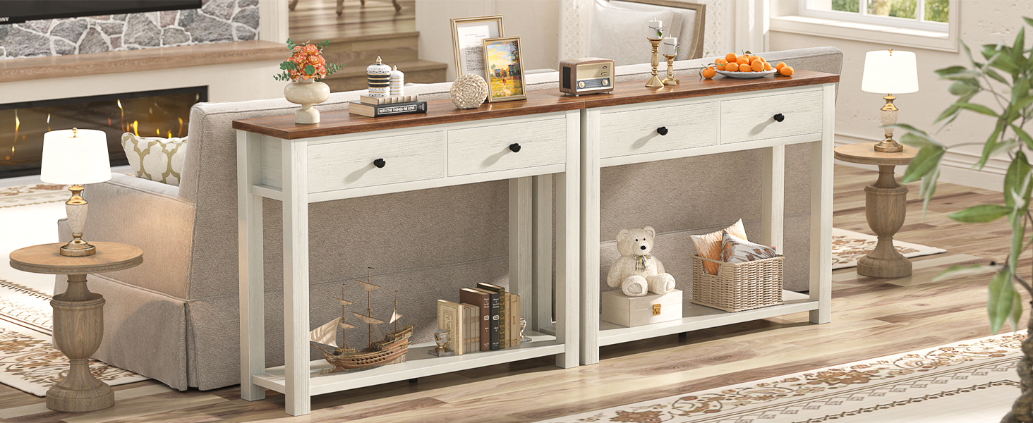 Консольний стіл iSunirm у стилі фермерського будинку з 2 шухлядами та полицею, 80 см, для вітальні, передпокою та коридору, коричневий та вінтажний білий