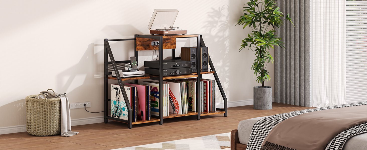 Підставка для програвача вінтаж велика з розеткою та LED-підсвіткою, тримач для платів, полиця для вінілу на 300 альбомів, для вітальні, спальні