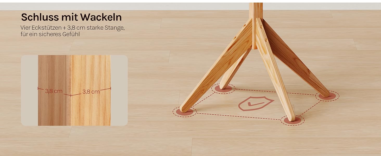 Вільхувана вішалка для одягу WOLTU з 8 гачками, 180 см, дерев'яна, настінна, для дому