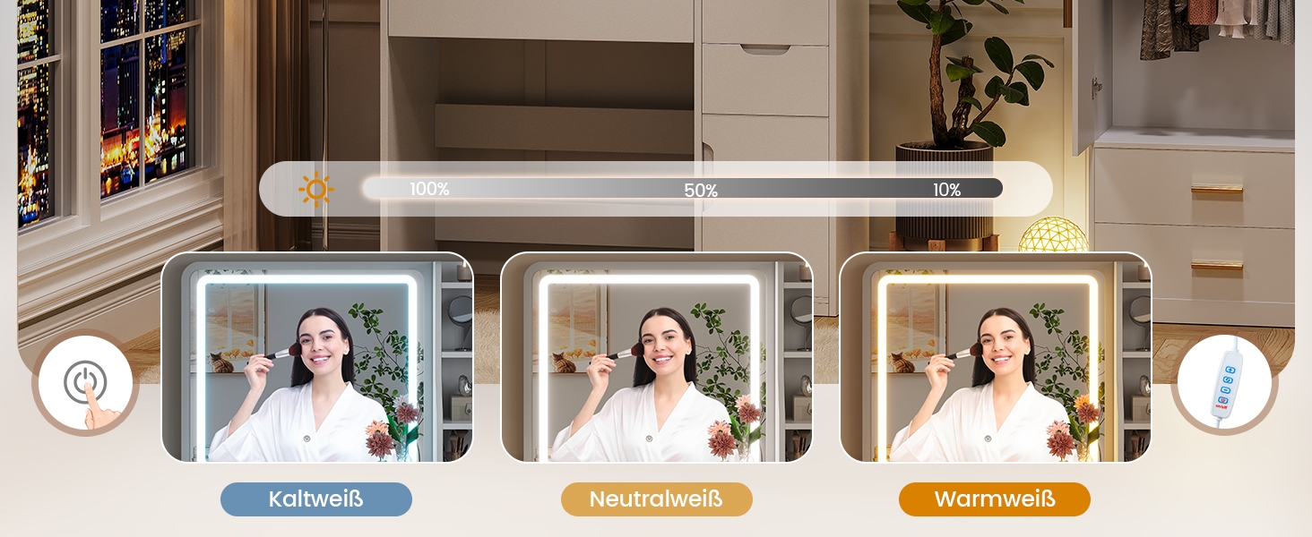 Білий туалетний столик для макіяжу з LED-підсвічуванням та дзеркалом | 3 ящики, 3 полиці, шафка | Столик для макіяжу для спальні