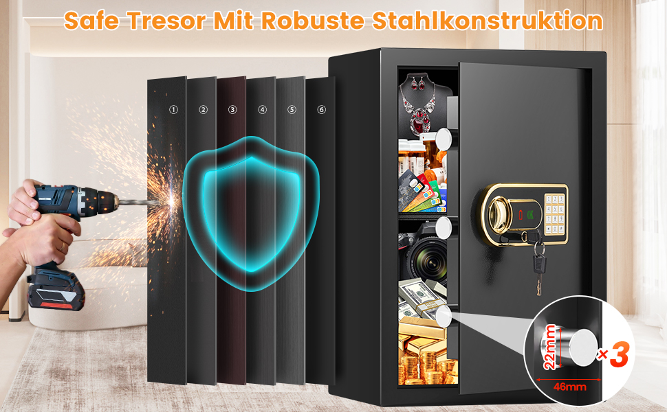 Сейф Tresor вогнестійкий з водонепроникною кишенею, цифровий сейф для дому з висувними полицями та сигналізацією, настінний/меблевий сейф для ювелірних виробів, грошей, ліків, документів формату A4 (65L, EY)