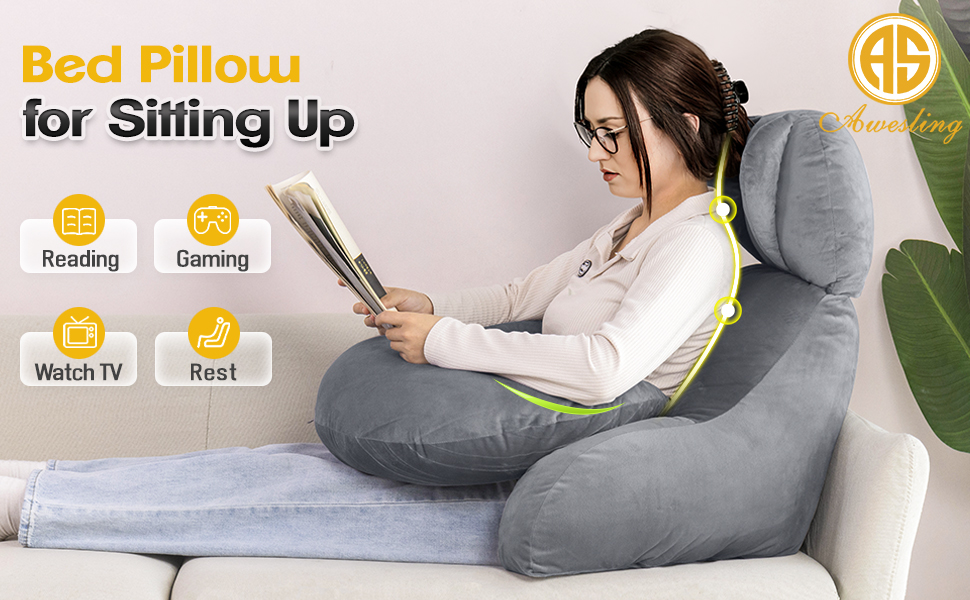Подушка для читання та ігор AS AWESLING з підтримкою спини - подушка для шиї та попереку для ліжка, дивана, підлоги, з підставкою для ніг