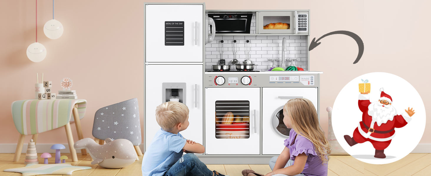 Дерев'яна дитяча кухня MAMIZO з підсвіткою та звуком, 82x80x25 см. Комплектація: аксесуари. Підходить для дітей від 3 років. Білий (сіро-білий) колір.