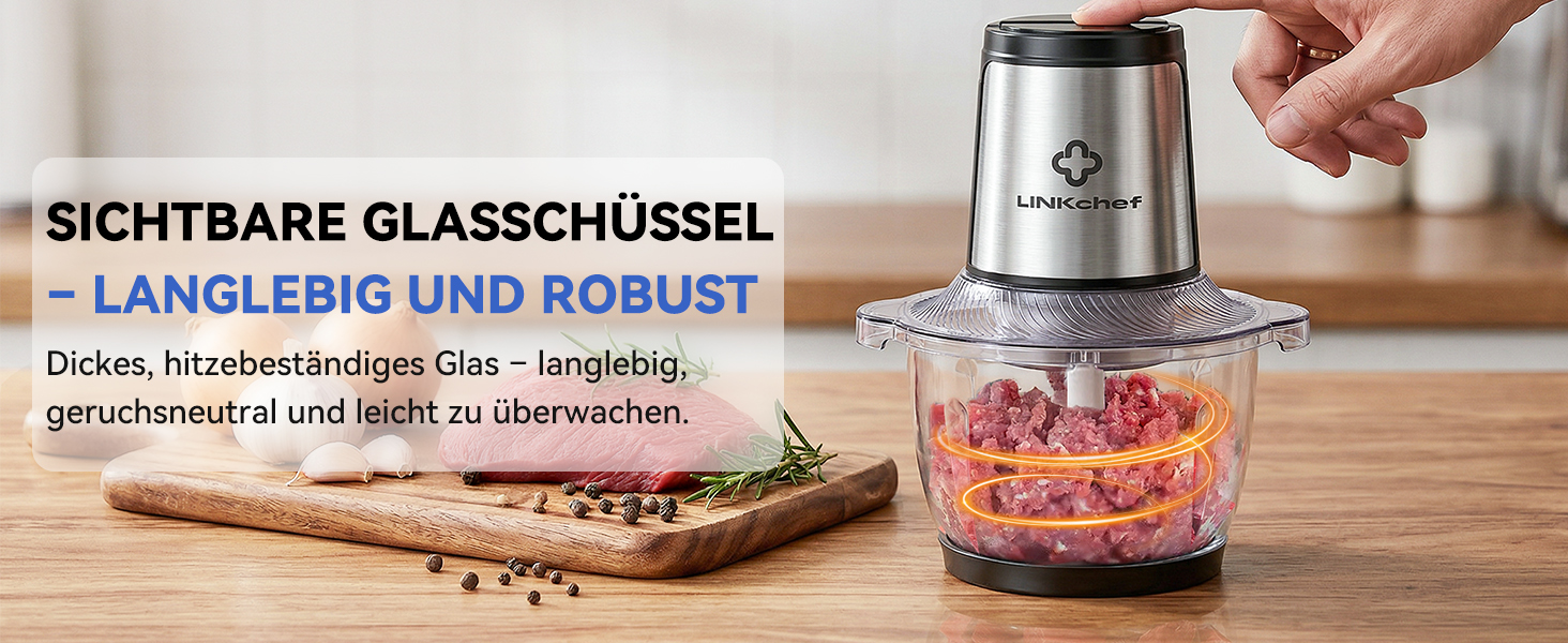 Подрібнювач LINKChef електричний 1.5л, скляна чаша, сталеві ножі, 2 швидкості, для м'яса, фруктів, овочів та дитячого харчування, сріблястий