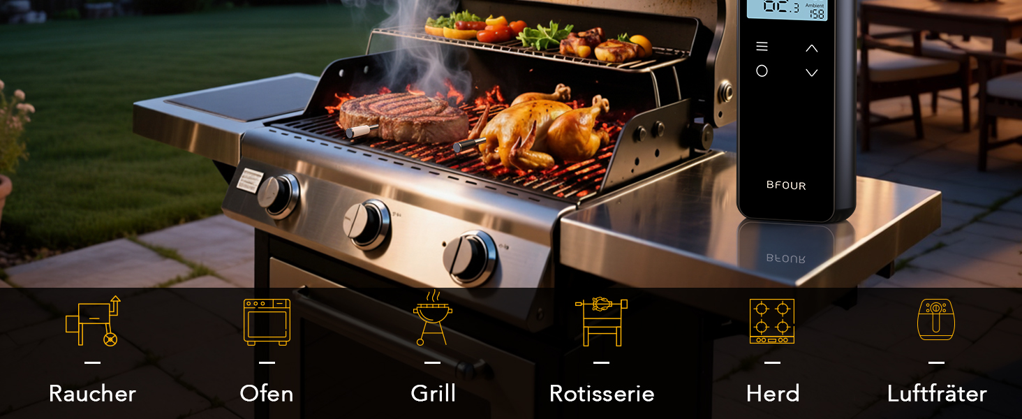 Бездротовий термометр для м'яса BFOUR BF-80 з Bluetooth та Wi-Fi, 2 зонди, 6 сенсорів, IP67 водонепроникний, сенсорне управління, APP-керування, термометр для приготування BBQ, духовки та гриля