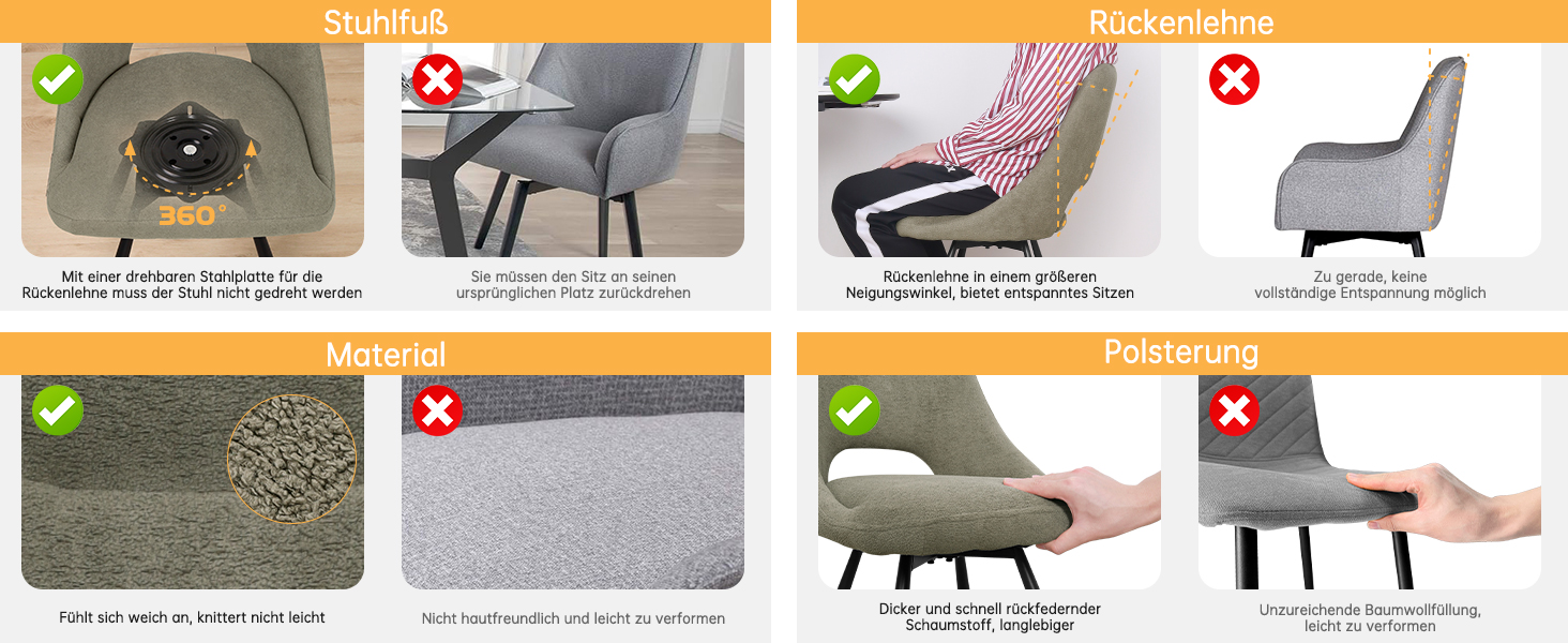 LEWE Комплект з 6 обертових стільців для їдальні, кухонних, вітальні та спальні, ергономічні, без підлокітників, з тканини кашемір, сіро-зелений