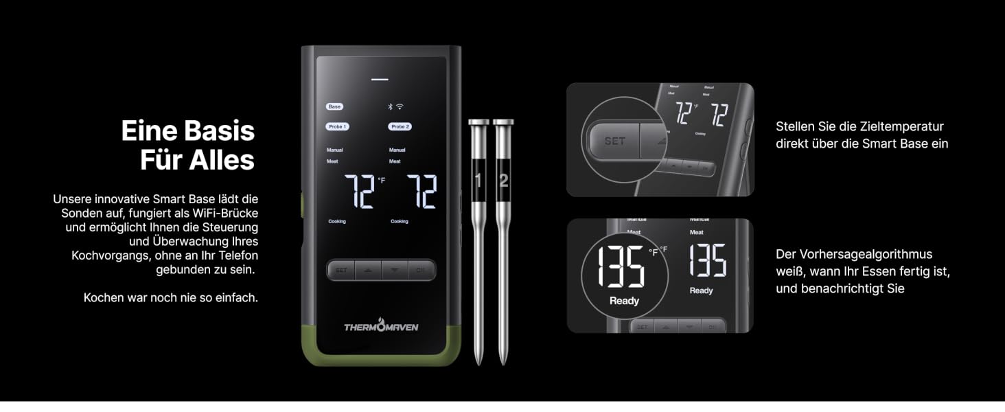 Розумний бездротовий термометр для м'яса ThermoMaven з базовою станцією, Bluetooth та Wi-Fi, 2 щупи, 6 сенсорів, NIST-сертифікований, для смокера, духовки та BBQ, колір авакадо