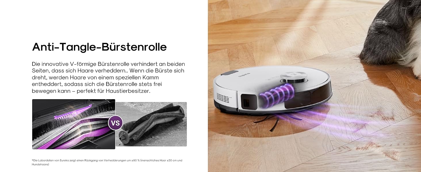 Робот-пилосос Eureka E20 Plus з потужністю 8000 Па, самостійною станцією очищення, функцією запобігання заплутування, 3D уникнення перешкод, 180 хвилин роботи, DuoDetect AI, білий