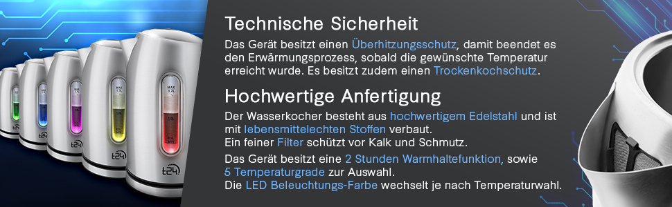 Чайник T24 1,7 л, 2200 Вт, зміна кольору світлодіода, налаштування температури, фільтр від накипу, нержавіюча сталь