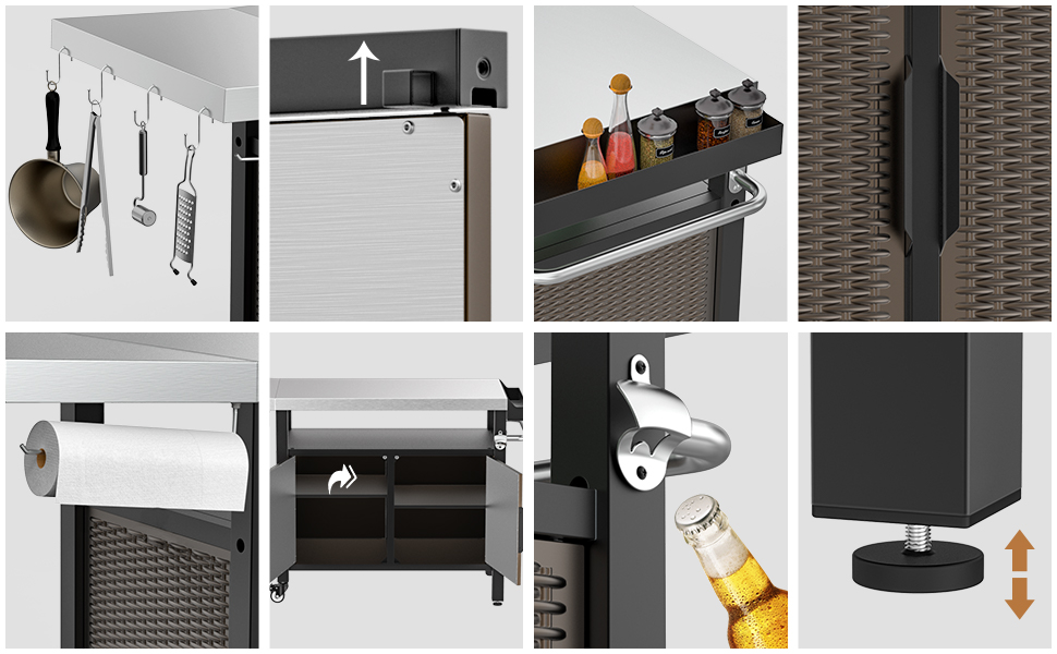 Onlyfire Grilltisch: Робочий стіл для гриля з великою поверхнею, візок для сервірування з колесами, гриль-стіл з відкидними боковими полицями, стільниця з нержавіючої сталі, візок для барбекю, 143.5 × 56 × 91 см, двостулковий