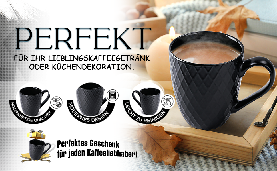 Набір кавових чашок Miamio Palmanova (6 шт., 400 мл) – чорний матовий керамічний набір