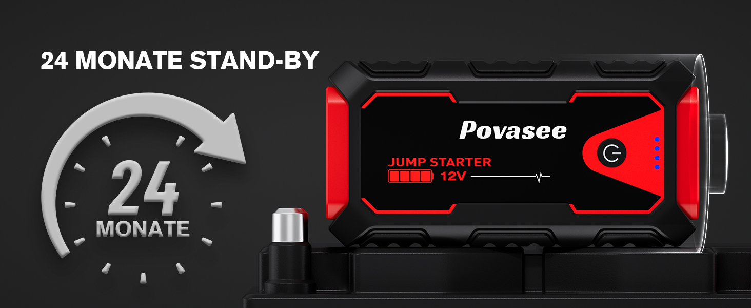 Пусковий пристрій (бустер) Povasee Starthilfe Powerbank 5000A для авто 12V, LCD-дисплей, USB-порти, для бензинових та дизельних двигунів до 10л, червоний