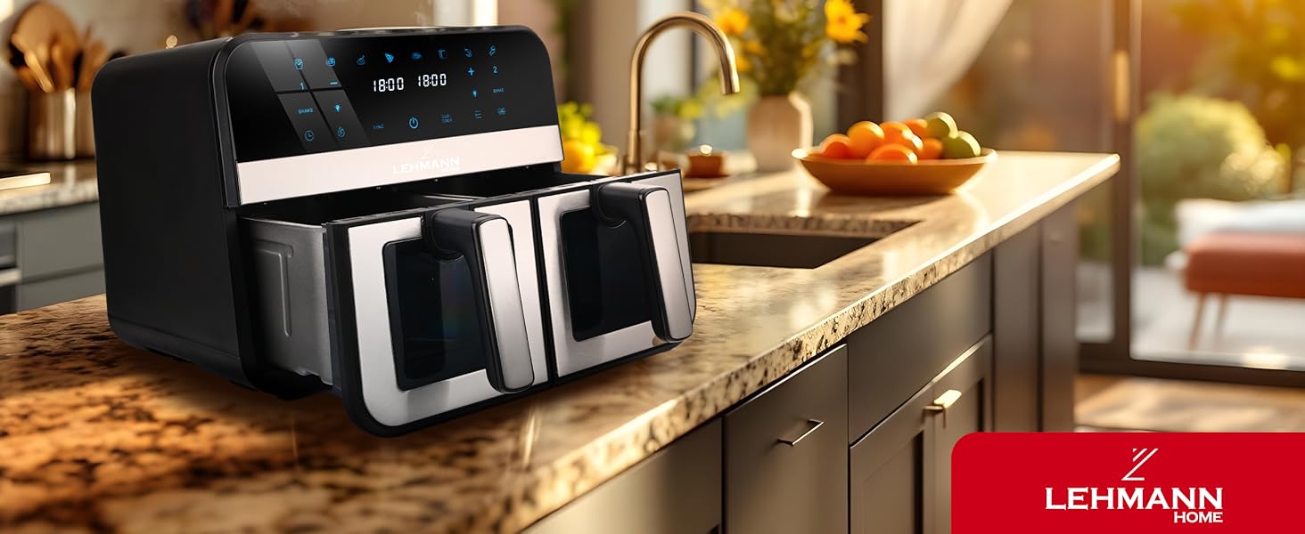 Фритюрниця повітряна LEHMANN XXL з 2 камерами (9л) - 13 програм, Touchscreen, антипригарне покриття