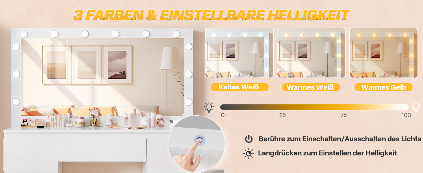 Дзеркальний туалетний столик Airfish з LED-підсвіткою та великим дзеркалом, 120x40x140 см. Туалетний столик з шухлядами та косметичним ящиком для спальні, білий