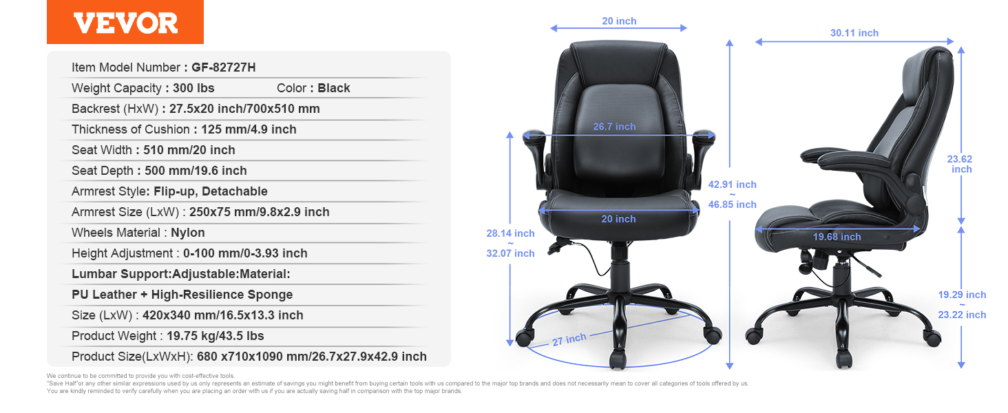 Крісло офісне VEVOR для начальника з підніжкою, шкіра PU, біле, регульоване по висоті (0-80 мм), вантажопідйомність 181,43 кг, 860 x 610 мм, поворотне