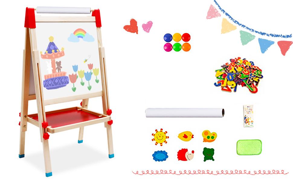 Дитяча мольберт Kinder Staffelei 3 в 1: дерев'яна дошка з рулоном паперу, двостороння, регульована висота 68-114 см. Комплектація: аксесуари для малювання. Підходить для дітей 3-12 років.