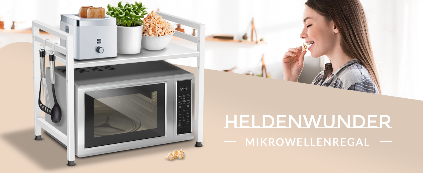 Стійка для мікрохвильової печі та кухонні полиці з нержавіючої сталі, 2-ярусна | Стійка для мікрохвильовки, полиця для зберігання, полиця для пекаря, регульована висота та довжина | З інструкцією у відеоформаті та гачками (Білий)