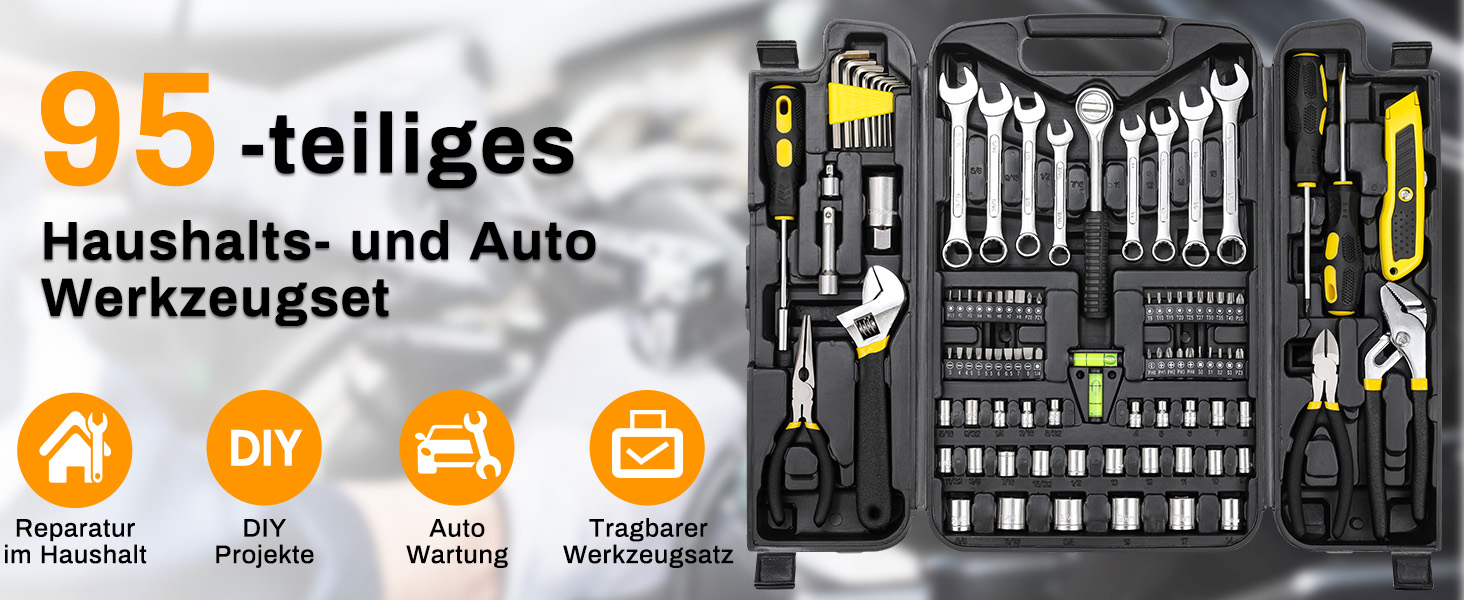 Набір інструментів 95 предметів у пластиковому кейсі Werkzeugkoffer: викрутки, головки, тріскачки для дому, авто, гаража (жовтий)