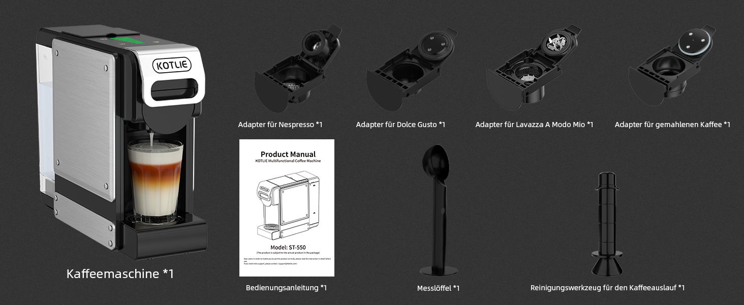 Кавомашина KOTLIE ST-550 Multi-Kapsel: 4-в-1 для Nes Original, Dolce Gusto, Mio та з меленої кави, 19 Bar, 7 рівнів