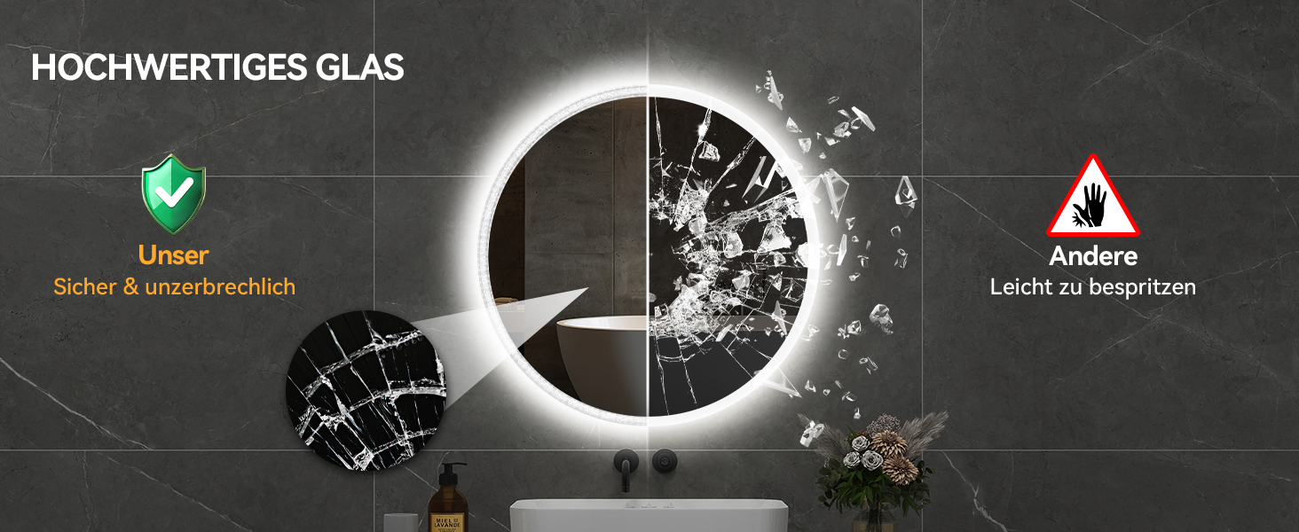 Дзеркало для ванної кімнати YOURLITE з підсвічуванням, діаметр 60 см, LED, 3 кольори, регулювання яскравості, сенсорна кнопка, антизапар, пам'ять, IP44, срібний