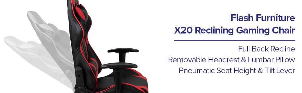 Ігрове крісло Flash Furniture X20, ергономічне, регульоване, з білою обробкою (сірий)