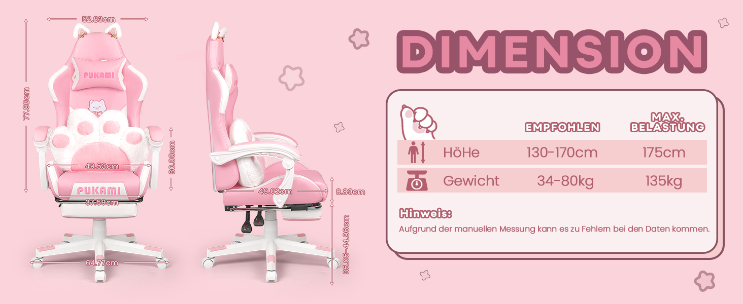 Ігровий крісло Waleaf з підголовником у вигляді лапки кота та вушками, ергономічний геймерський крісло з підніжкою, регульоване крісло для комп'ютера з PU шкіри для дівчаток-підлітків, ігрове крісло 135кг, рожеве