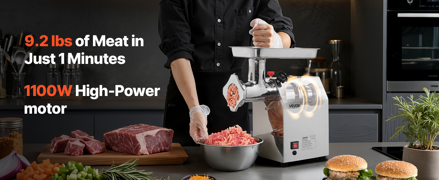 Електрична м'ясоподрібнювач VEVOR, 4.2 кг/хв, 1100 Вт, з лезом та диском, для ресторану, з нержавіючої сталі