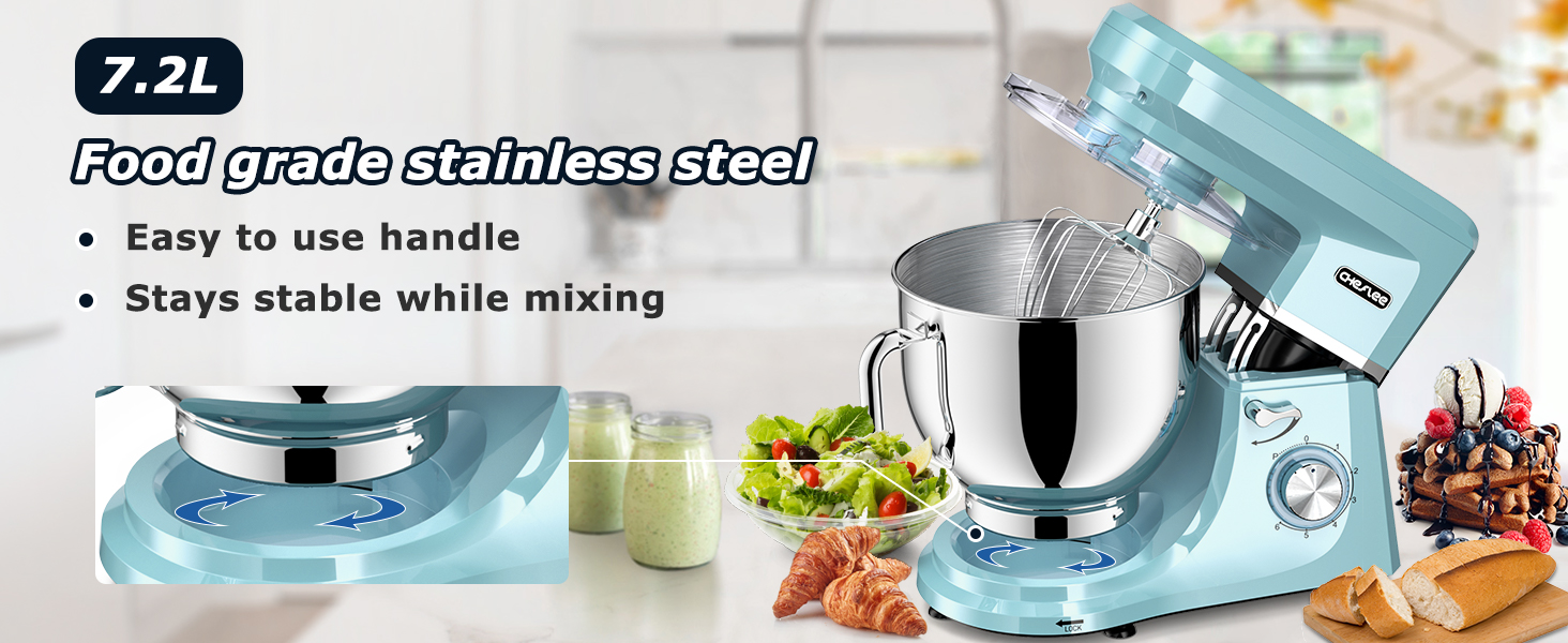Кухонна машина Cheflee 2000W: потужна планетарна міксер для тіста та збивання, 6 швидкостей, 7.2 л чаша з нержавіючої сталі, гак для тіста та вінчик, захист від бризок (блакитна)