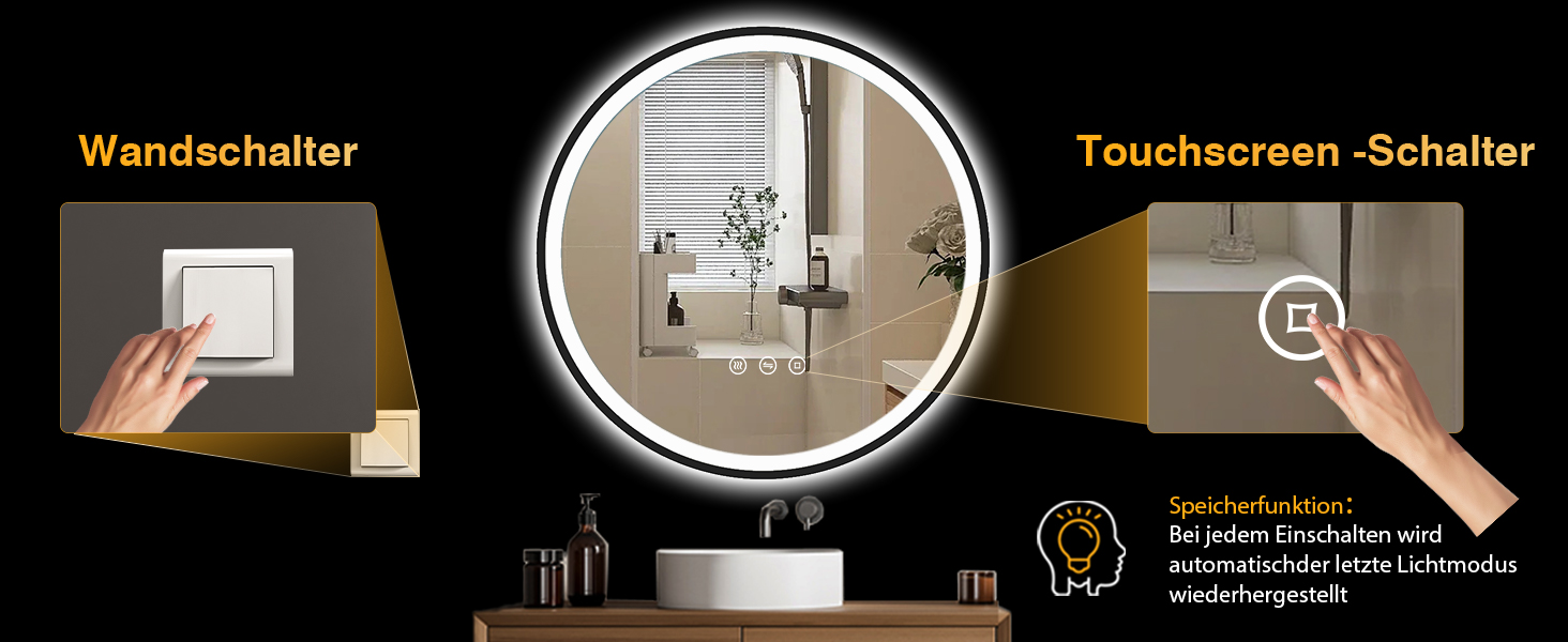 Дзеркало кругле PESENXAN 70см з підсвічуванням та чорним каркасом. Антизапарник, регулювання яскравості, 3 кольори світла, LED, сенсорне управління, функція пам'яті. Розміри: 70x70 см