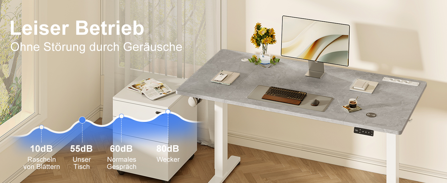 DEVOKO Стол для роботи з регулюванням висоти 140 x 70 см з розеткою, бездротовою зарядкою та USB – Електричний стіл для комп'ютера з функцією пам'яті та кабельною організацією – Ідеально для геймінгу та офісу, сірий 140 x 70 см