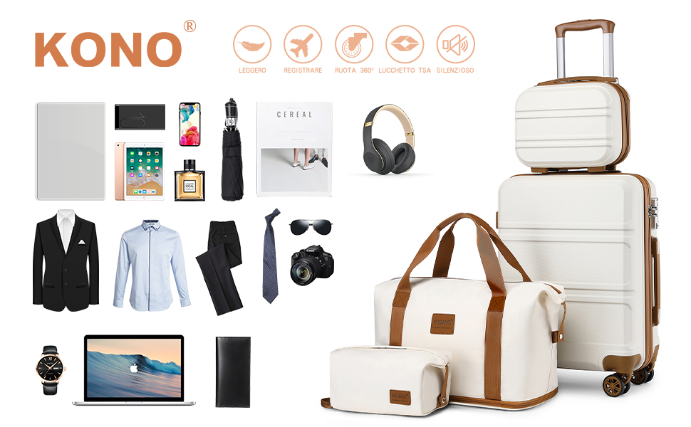 Набір валіз KONO 4 в 1: велика, ручна, косметичка та сумка для подорожей (кремово-білий)