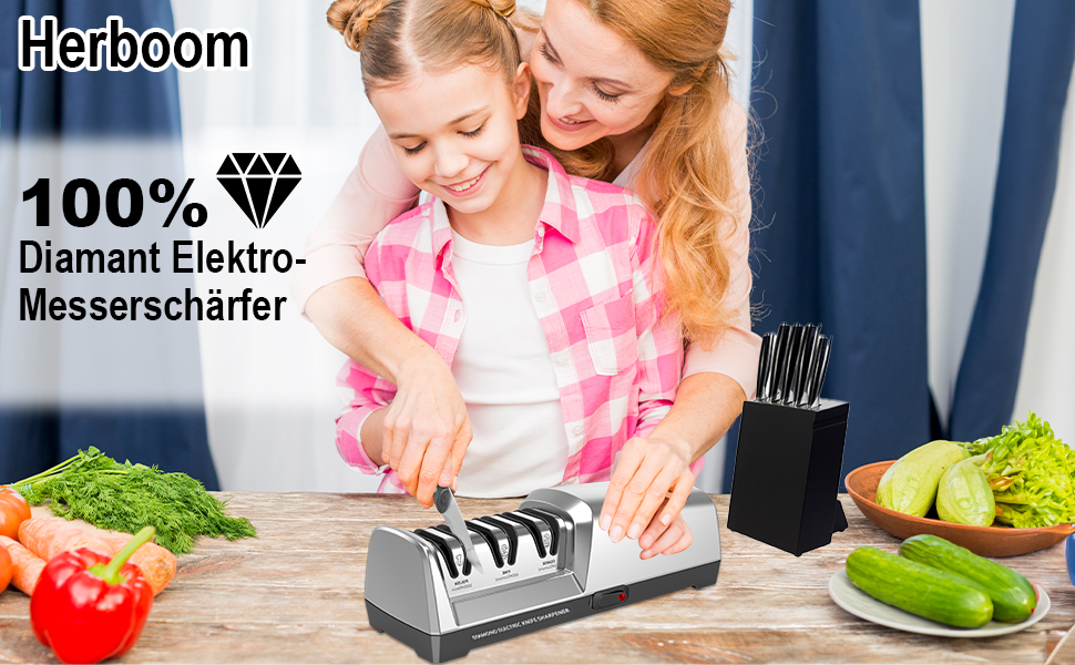 Електричний точило для ножів Herboom, 3-ступенева система з алмазним покриттям, для грубого шліфування, ремонту та заточування ножів