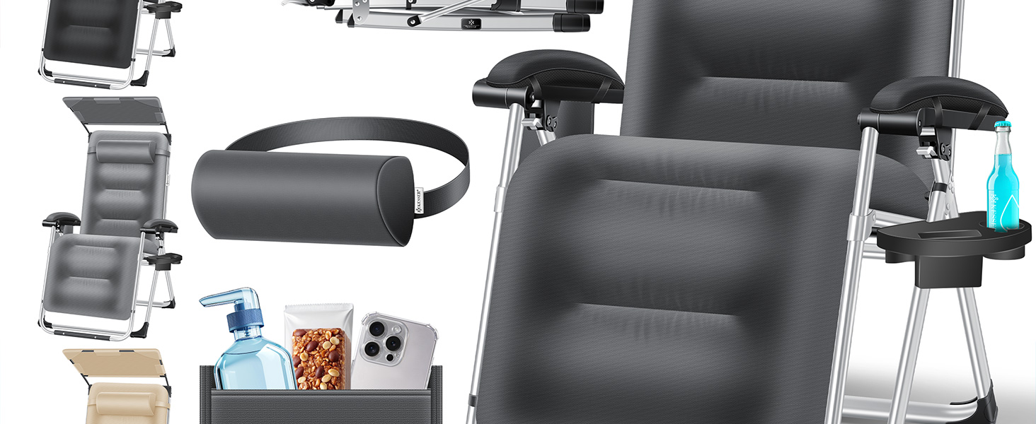 Шезлонг KESSER® для саду, широка та стійка до погодних умов, витримує до 200 кг, ергономічна спинка, регульована, з подушкою, підголівником, тримачем для напоїв, підлокітниками та бічною кишенею, блакитний