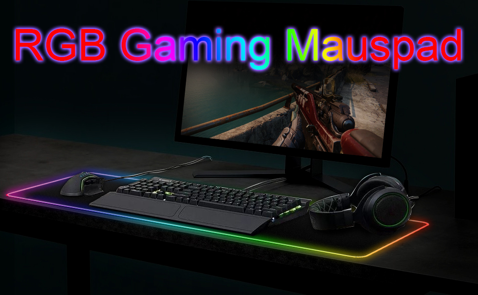 Килимок для миші ігровий RGB 900x400 мм XXL, великий, з підсвічуванням 14 режимів, 7 кольорів LED, вологостійкий, протиковзкий, для комп'ютера, ноутбука, клавіатури, професійний геймер, чорний