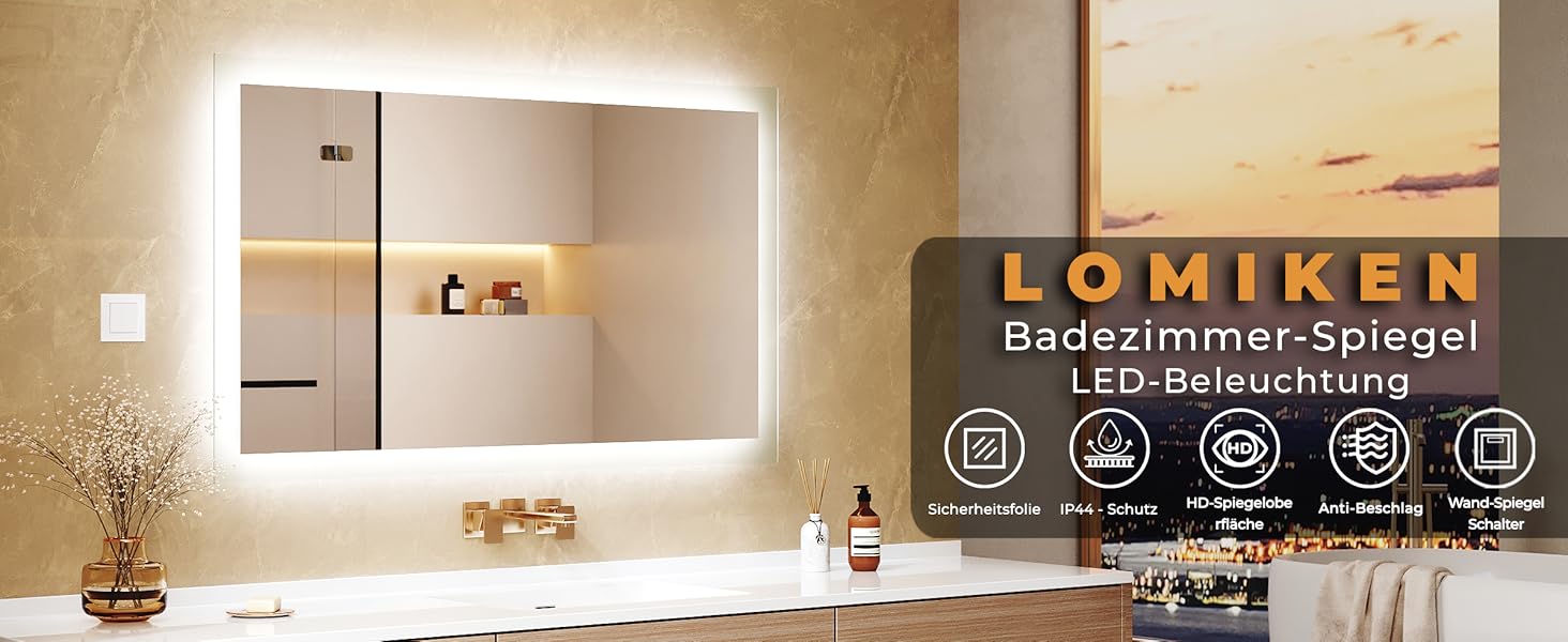 Дзеркало для ванної кімнати LOMIKEN з підсвічуванням, 60x50 см, LED, холодний білий світ, енергозбереження, вертикальне/горизонтальне кріплення, вимикач на стіні, матові краї