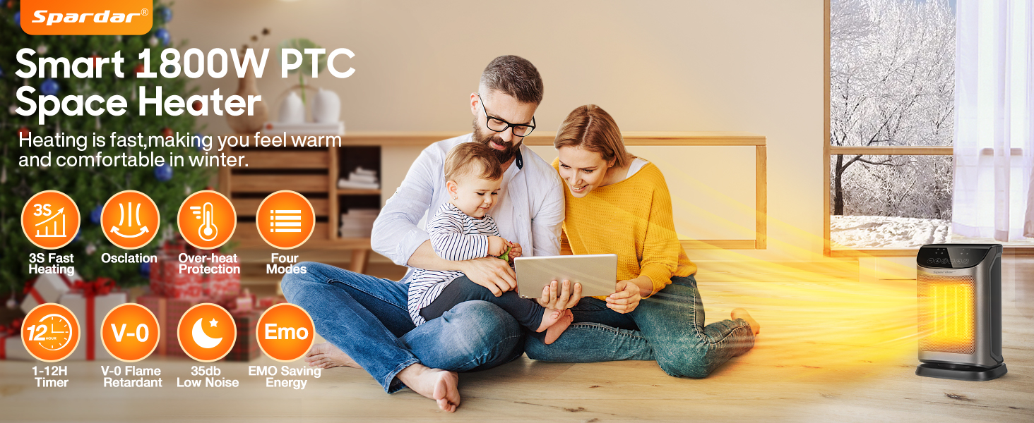 Електричний обігрівач 1800W з термостатом, PTC керамічний, тихий, 4 режими, таймер, захист від перегріву, чорний