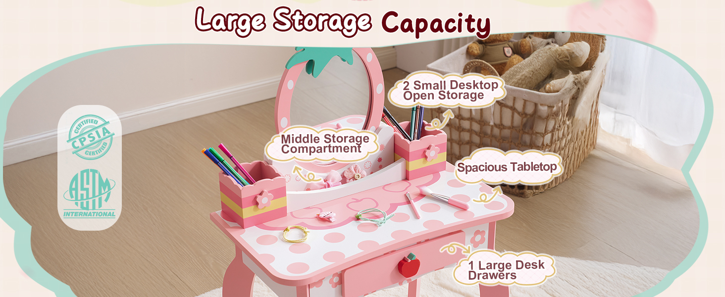 Дитячий туалетний столик LEADZM з пуфом для дівчаток, з шухлядою та двома 180° відкидними дзеркалами, для дітей 3-9 років (білий та рожевий)