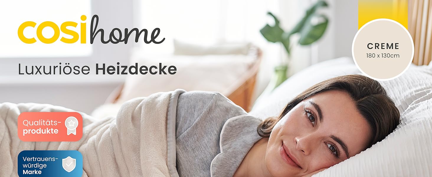 Електрична ковдра Cosi Home 180x130 см з регулюванням температури, таймером та захистом від перегріву. Зручна флісова ковдра з 10 рівнями нагріву та дистанційним керуванням. Колір: кремовий.