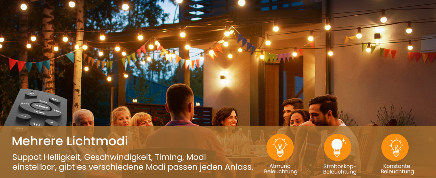 Гірлянда світлова зовнішня диммирувана 60м, G40 LED, 104 пластикові лампочки, вологостійка IP45, для саду, тераси, дерев, вечірок, 2700K тепле біле світло (2x30м), з пультом керування