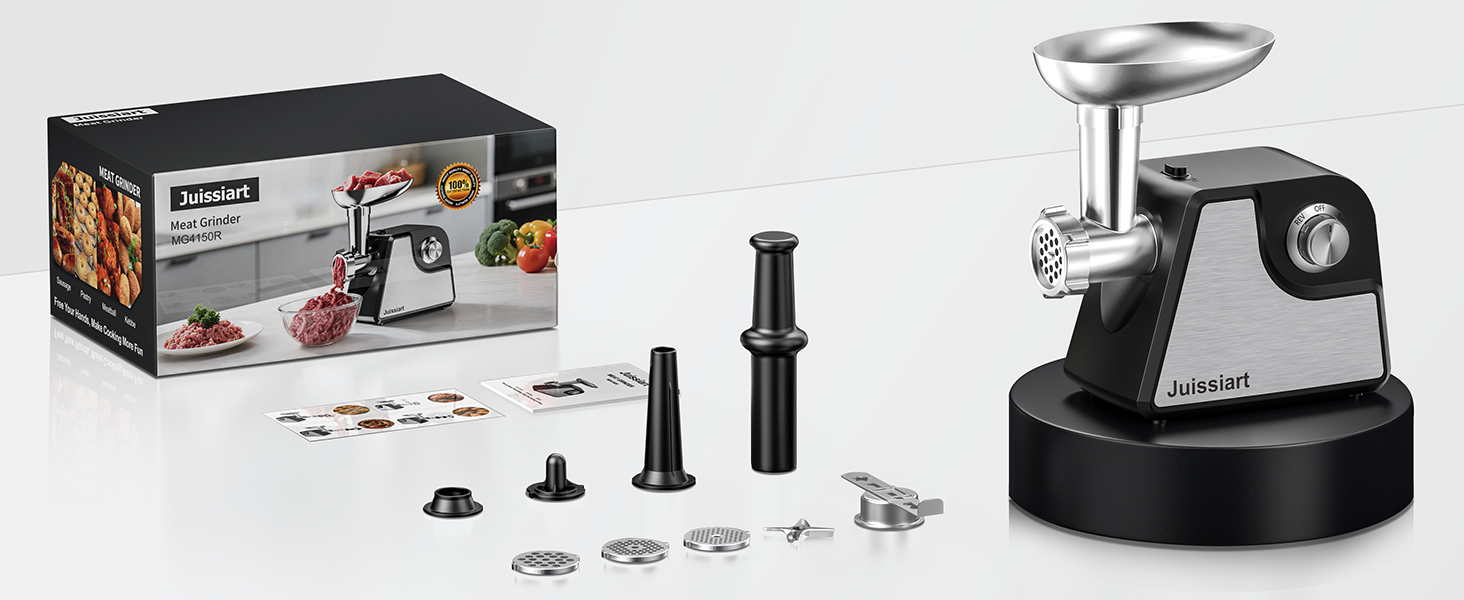 Електрична м'ясоподрібнювач Fleischwolf Juissiart: подрібнювач, фарш, ковбасний насадка, нержавіюча сталь, 3 диски, для кеббе, універсальний