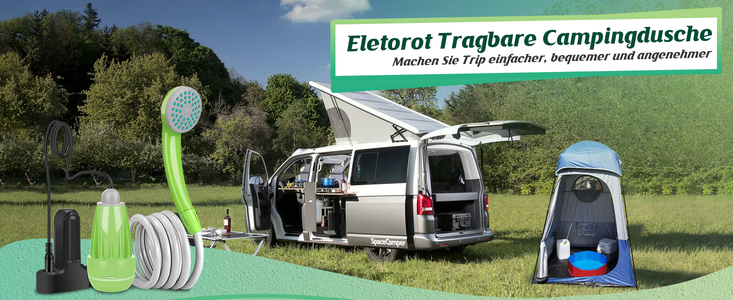 Портативний душ Eletorot з помпою, USB зарядка, 1.8 м шланг, для кемпінгу, душового намету, авто, саду
