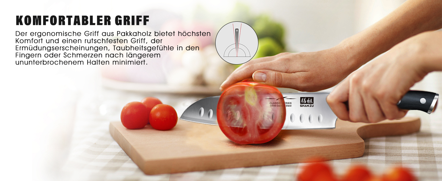 Ніж шеф-кухаря SHAN ZU Santoku: 18 см, нержавіюча сталь, ергономічна ручка, подарункова коробка