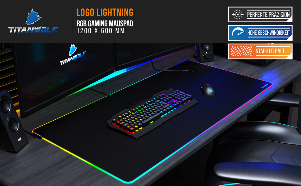 TITANWOLF XXXL RGB килимок для миші – 1200 x 600 мм, LED, 7 кольорів, 4 режими, для геймінгу, гумова основа, миється