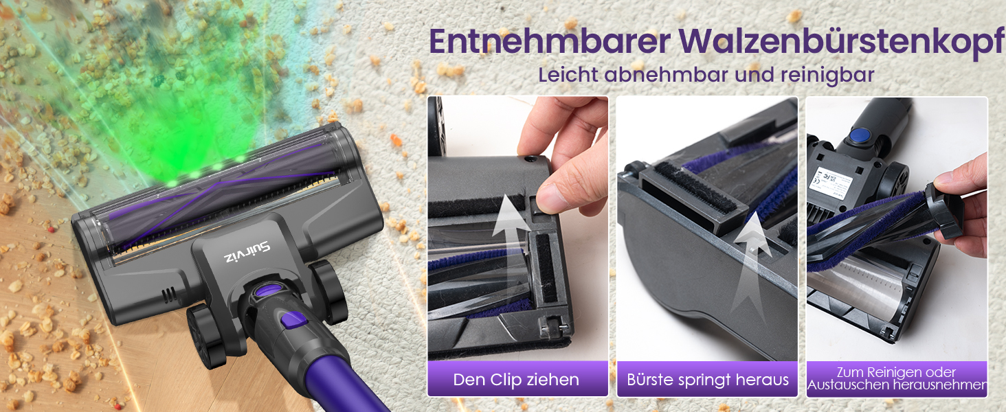 Suirviz Бездротовий акумуляторний пилосос, 40000Pa/500W/45хв, самостійна парковка, легкий, для твердих поверхонь, килимів, шерсті тварин, фіолетовий