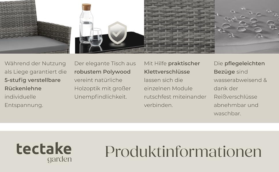 Набір садово-розкладних меблів tectake® з ротангу: банкетка, 2 крісла, столик, подушки, для балкона/тераси (сірий)