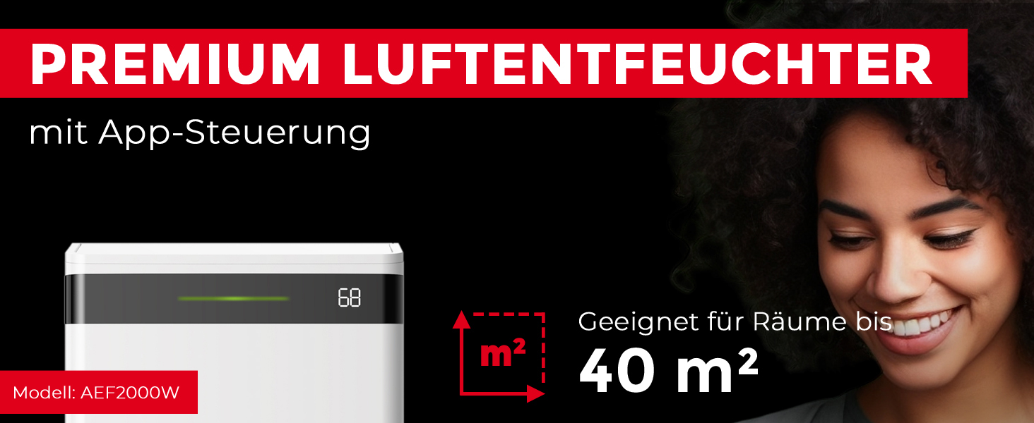 Електричний осушувач повітря AEF2000 - 20 л/день, до 30 м², тихий, з автовимкненням, гігростатом та сенсорним дисплеєм. Ідеально для спальні та ванної кімнати. З керуванням через додаток.