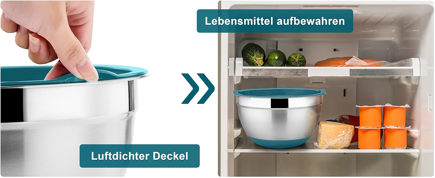 Набір мисок HaWare 6 шт. з нержавіючої сталі з кришками та тертками, 4.6/2.8/2.5/1.6/1.2/0.7 л, силіконове дно, миючі в посудомийній машині