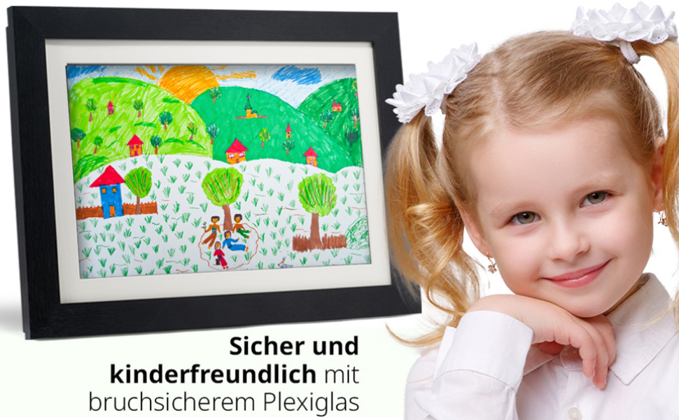 Рамки для дитячих малюнків KIYARI A4, 2 шт. (білі) + 2 шт. (чорні). Набір для зберігання 150 малюнків. Міцне дерево, безпечне скло, ідеально для школи, дитячої кімнати та творчих проєктів.