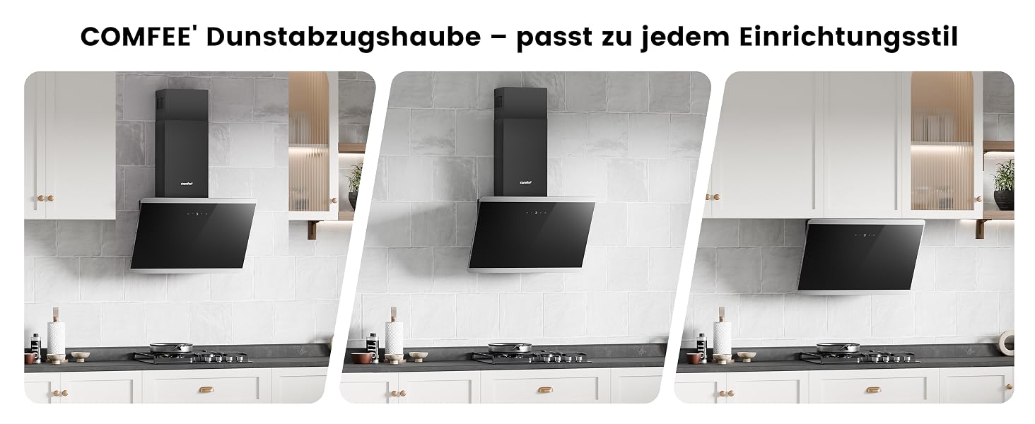 Витяжка для кухні COMFEE' CH60J64ET4A2B 60 см, Edelstahl/Glass, 380 м³/год, сенсорне керування, LED-підсвітка, режим рециркуляції та відведення, чорна