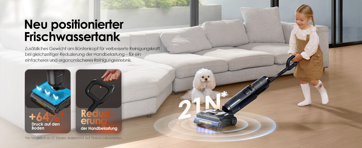 Tineco Floor One S7 Stretch Steam: Акумуляторний пилосос 2-в-1 для вологого та сухого прибирання, 22000 Па, для твердих підлог, шерсті тварин